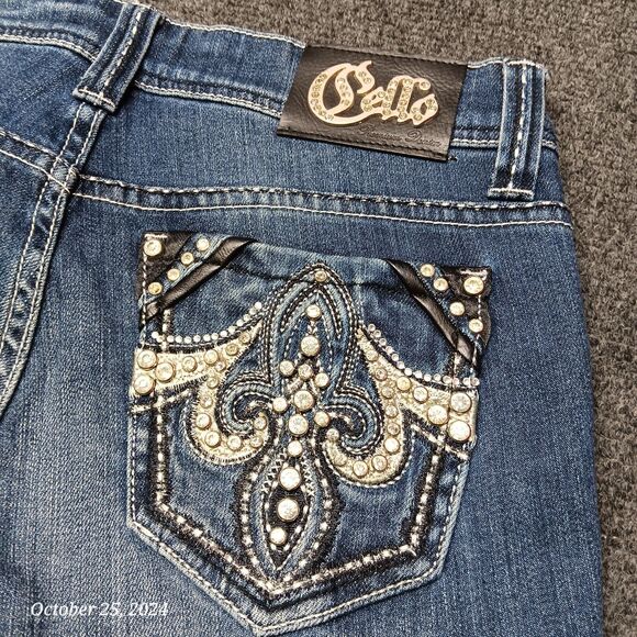 NWT Cello Jeans Women 5 Blue Bootcut Heavy Embellished Stretch Whiskered Pants - Picture 6 of 13